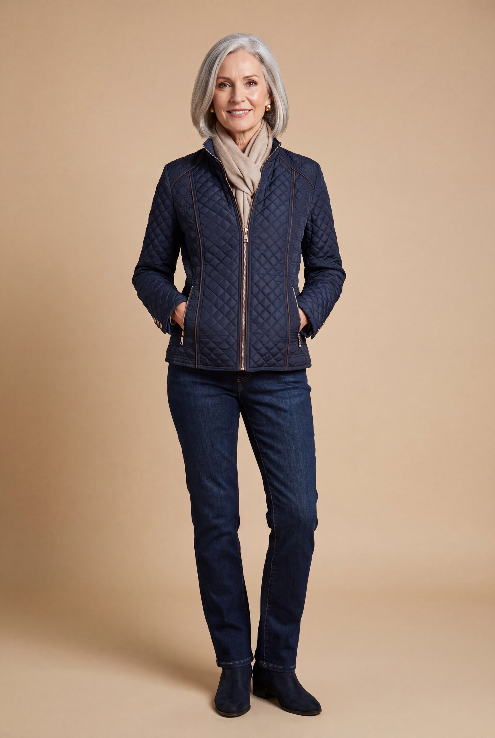 Women's Quilted Jacket Stand Collar in Navy Blue — studio full body
