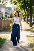 Women's Wide Leg Pants Side Button in Navy Blue — lifestyle candid