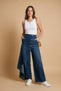 Women's Wide Leg Pants Side Button in Navy Blue — studio fullbody