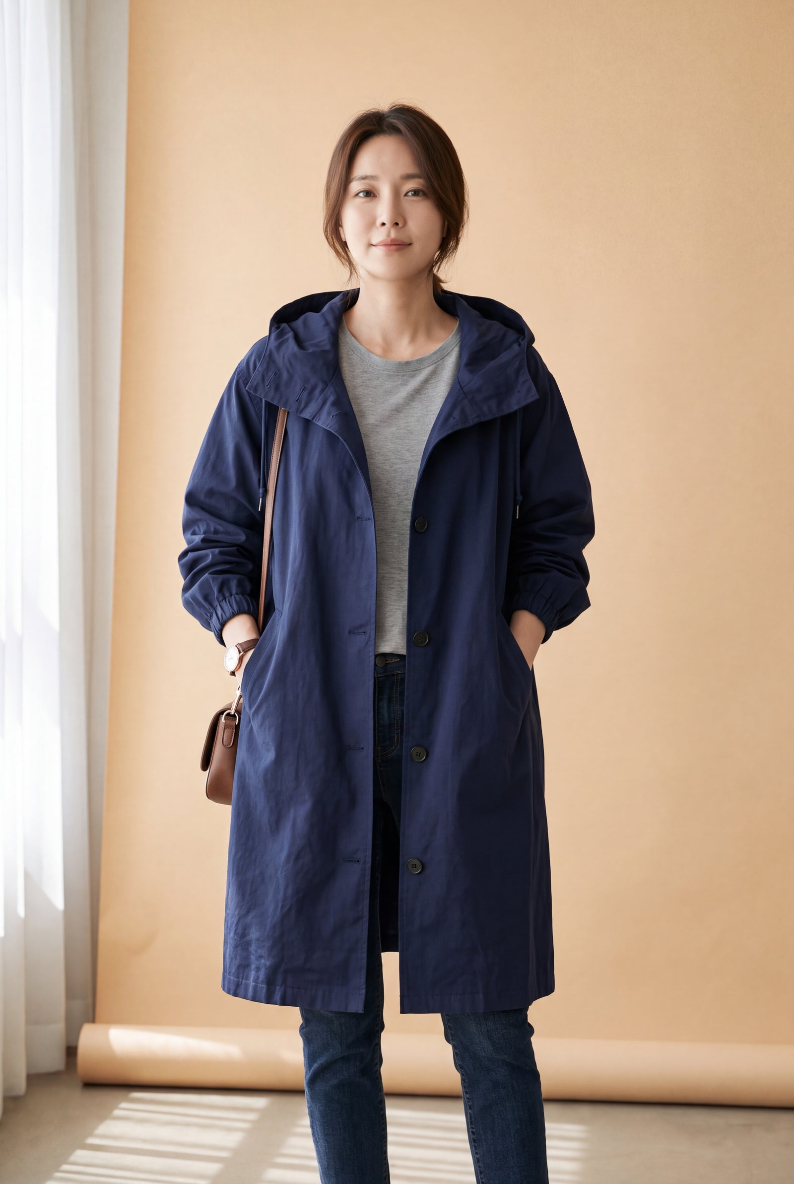 Women's Windbreaker Oversized Hooded in Navy Blue — primary studio