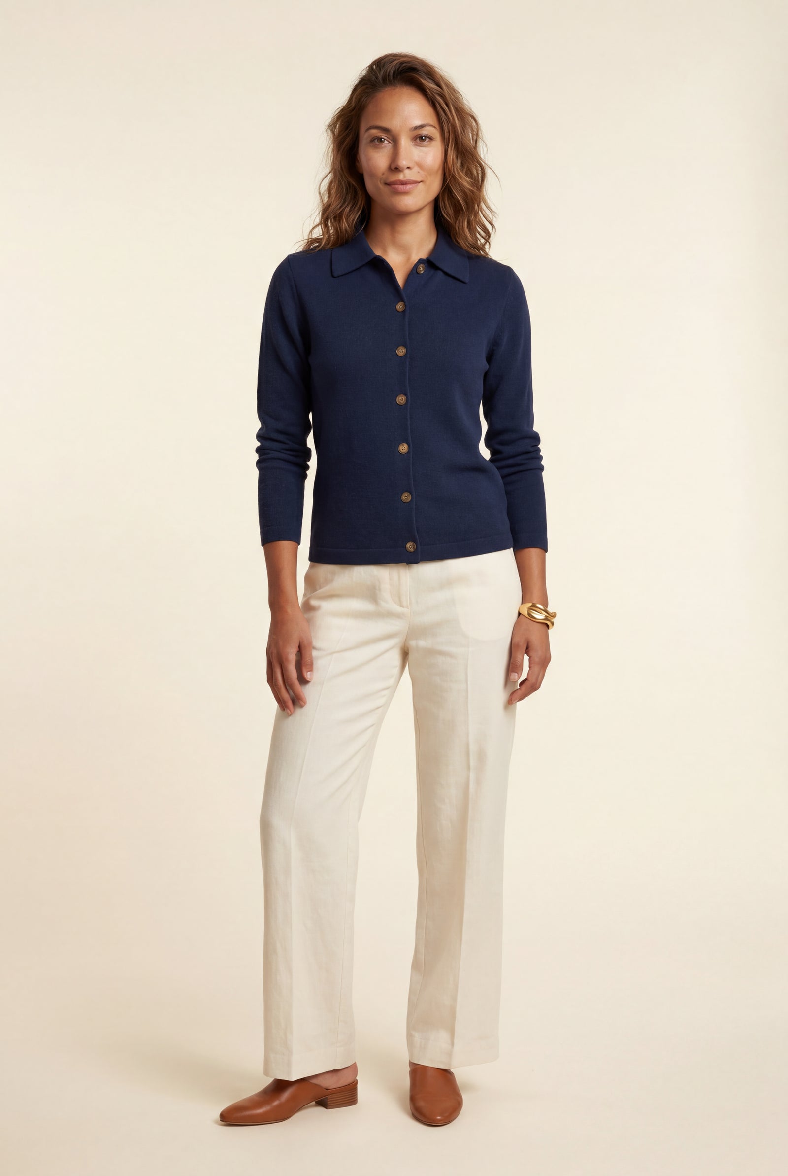 Navy Blue Women's Classic Collared Button-Down Cardigan Sweater - Photo 32