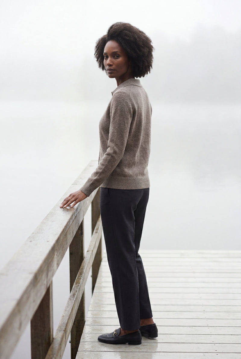 Khaki Women's Classic Collared Button-Down Cardigan Sweater - Photo 4