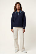 Navy Blue Women's Contrast Collar Pullover Sweater - Sweaters - Photo 1