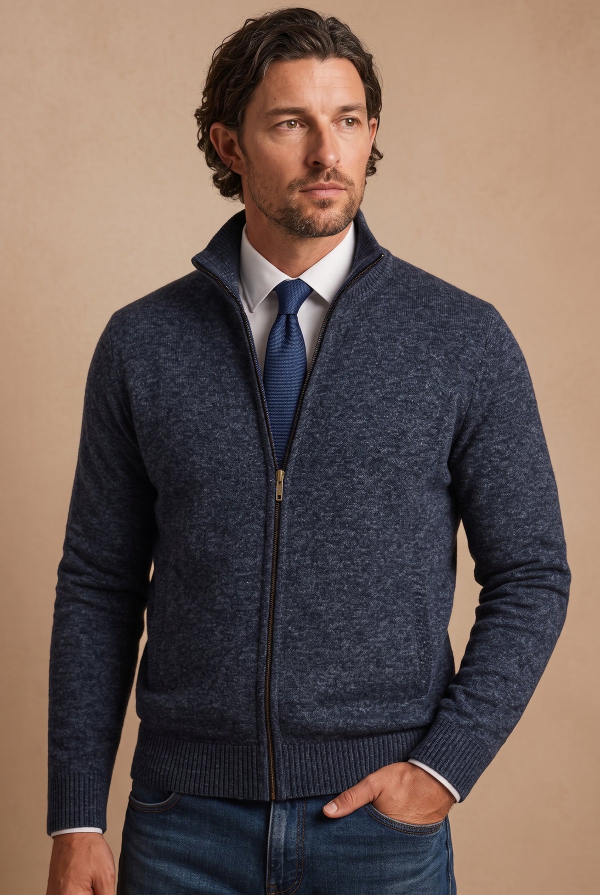 Zip-Front Knit Cardigan in Navy Blue — studio front
