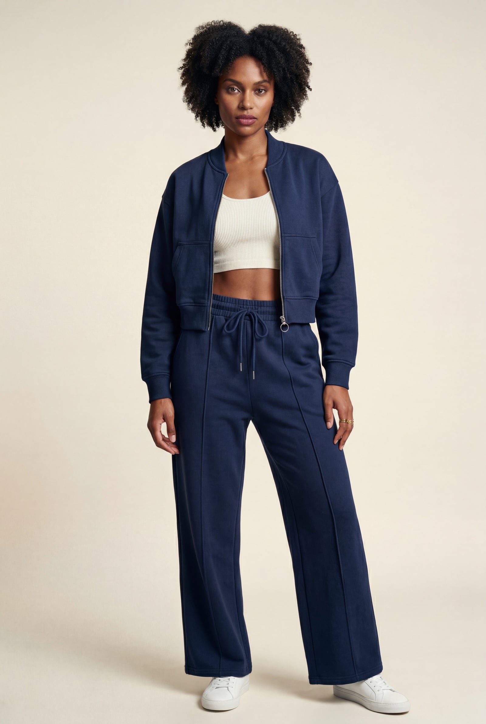 Navy Blue Zip-up Bomber Jacket Wide-leg Tracksuit Set - Photo 10