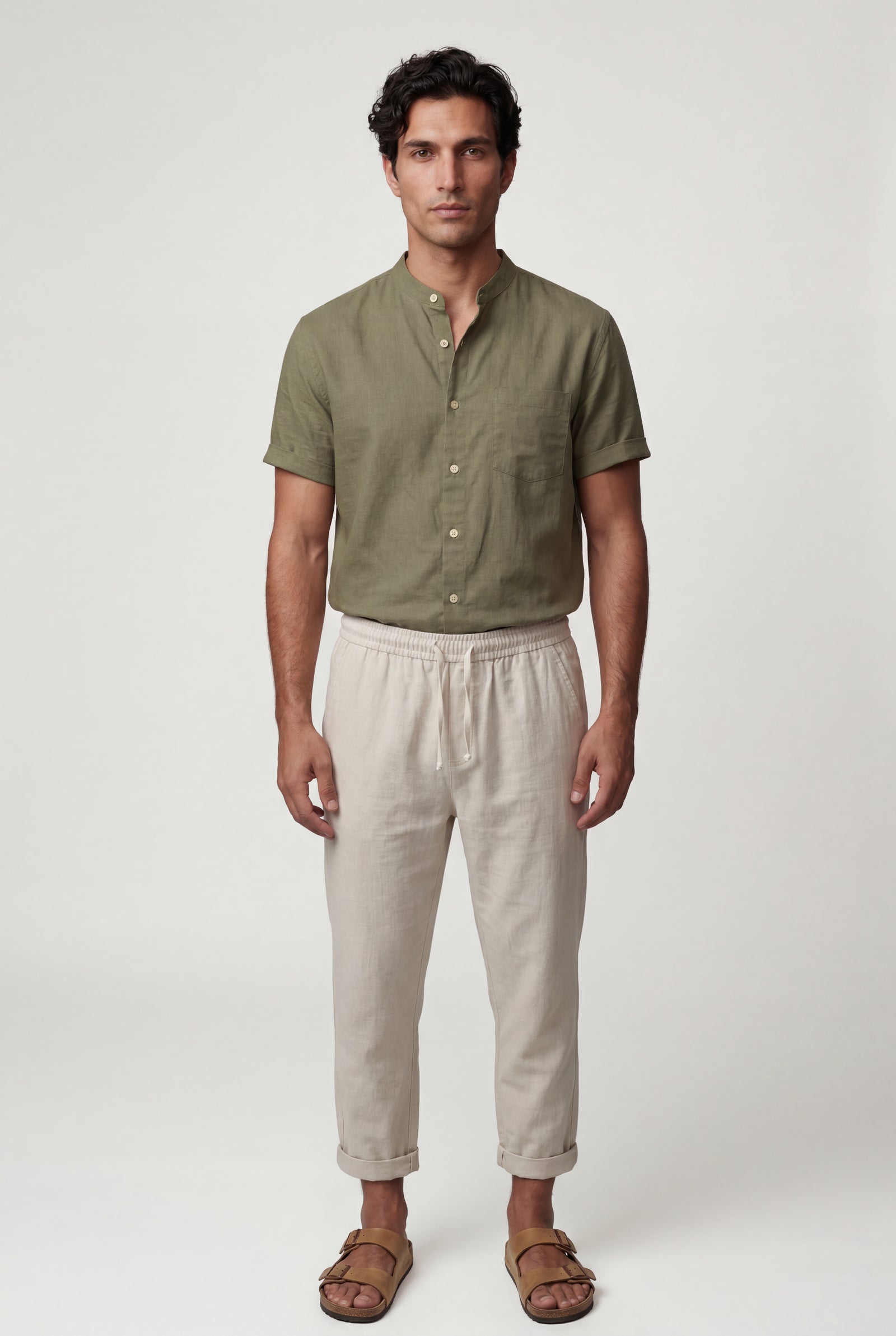 Olive Band Collar Shirt and Drawstring Trouser Casual Set - Photo 9