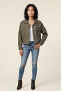 Olive Boxy Studded Cropped Jacket with Button Closure - Denim jacket - Photo 12