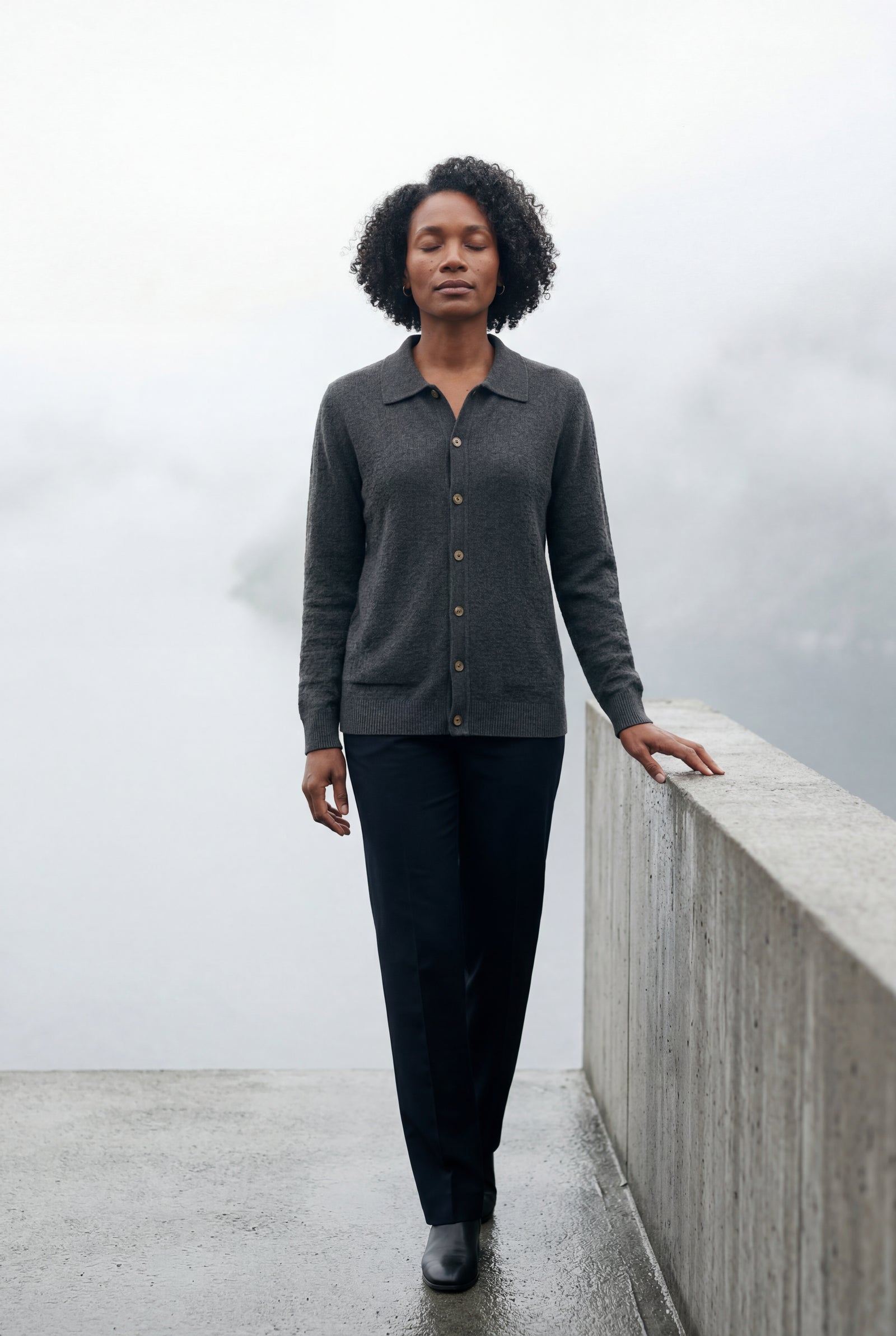 Dark Gray Button-up Collared Cardigan with Patch Pockets - Wool cardigan - Photo 13