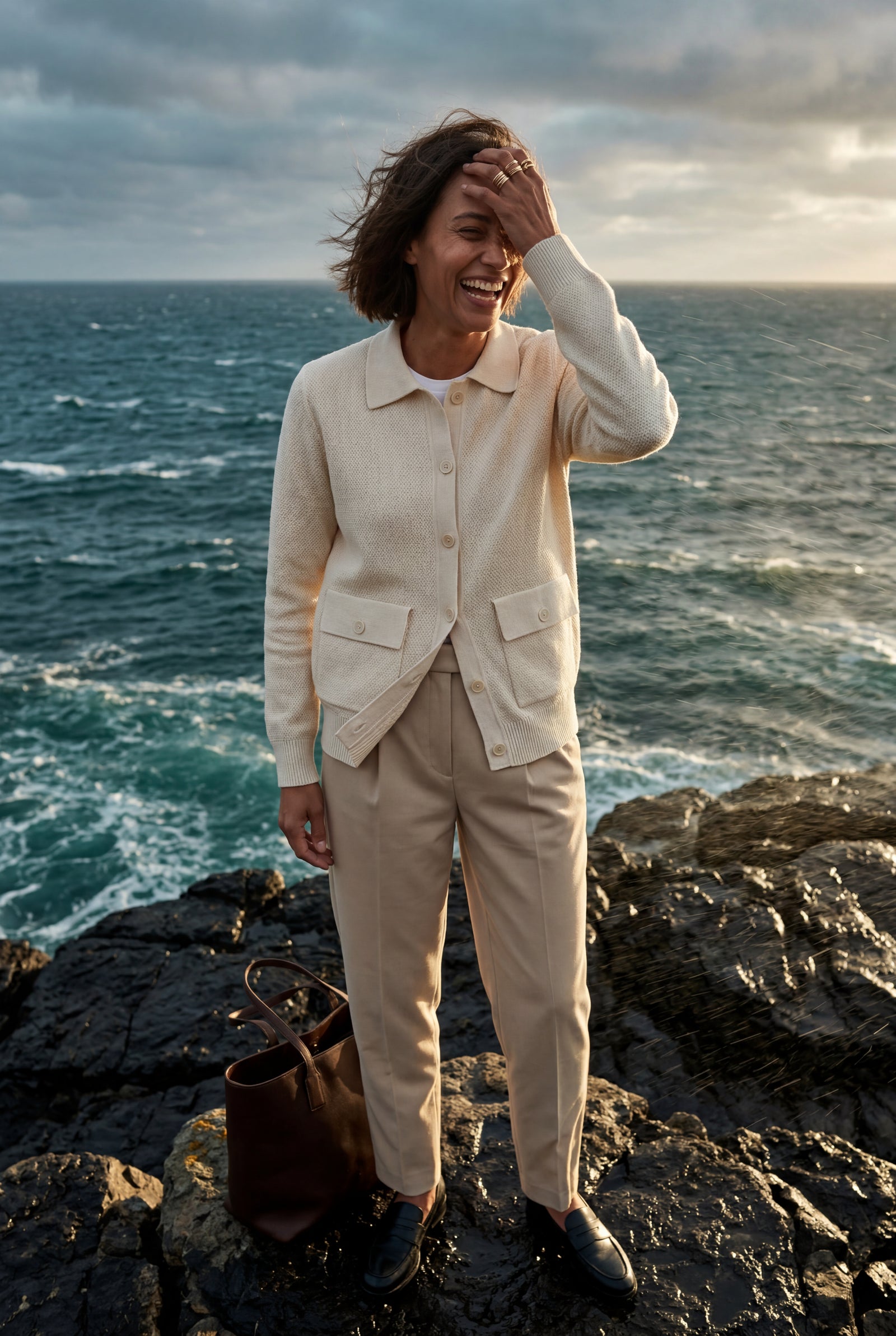 Cream Button-up Collared Cardigan with Patch Pockets - Wool cardigan - Photo 14