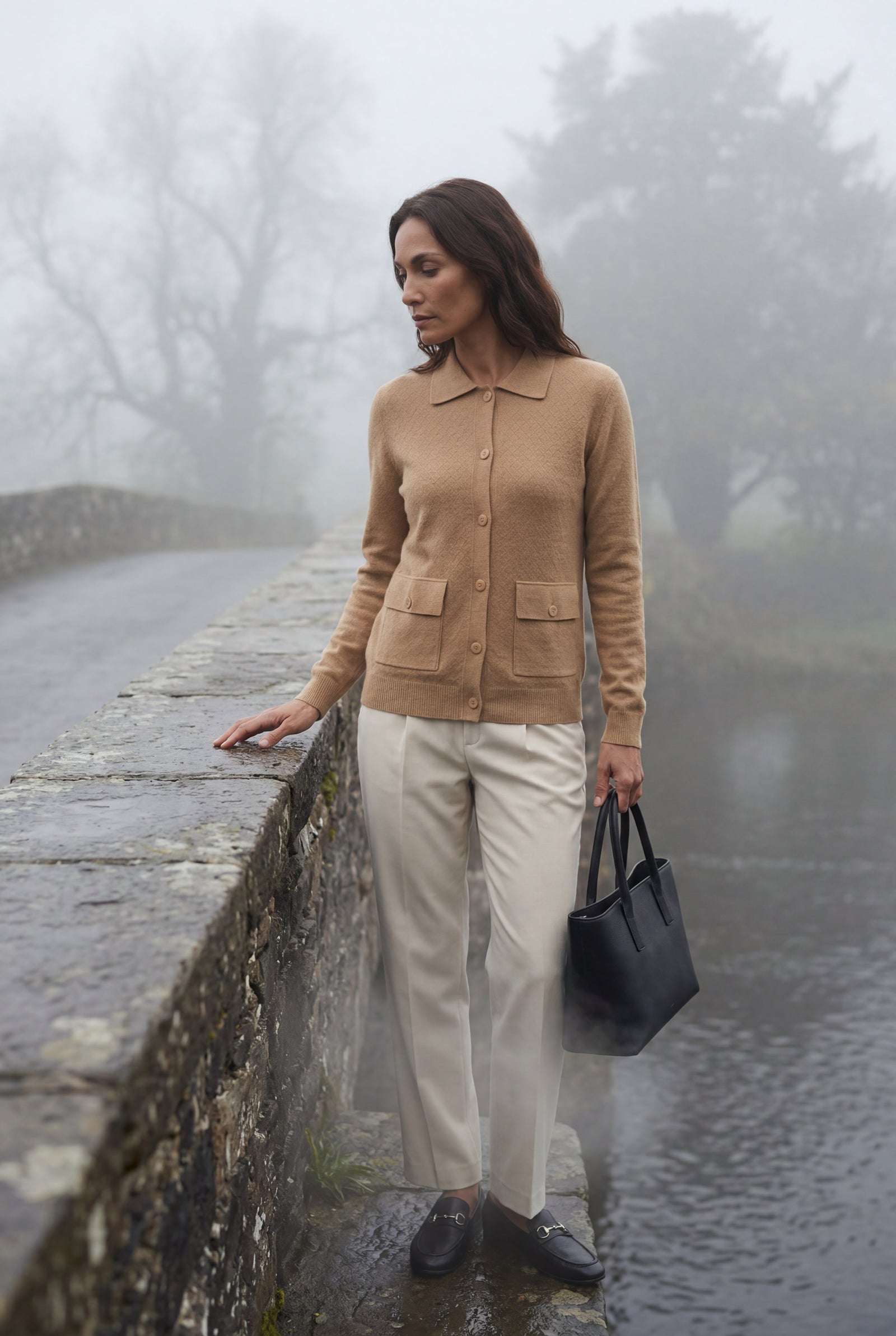 Khaki Button-up Collared Cardigan with Patch Pockets - Wool cardigan - Photo 7