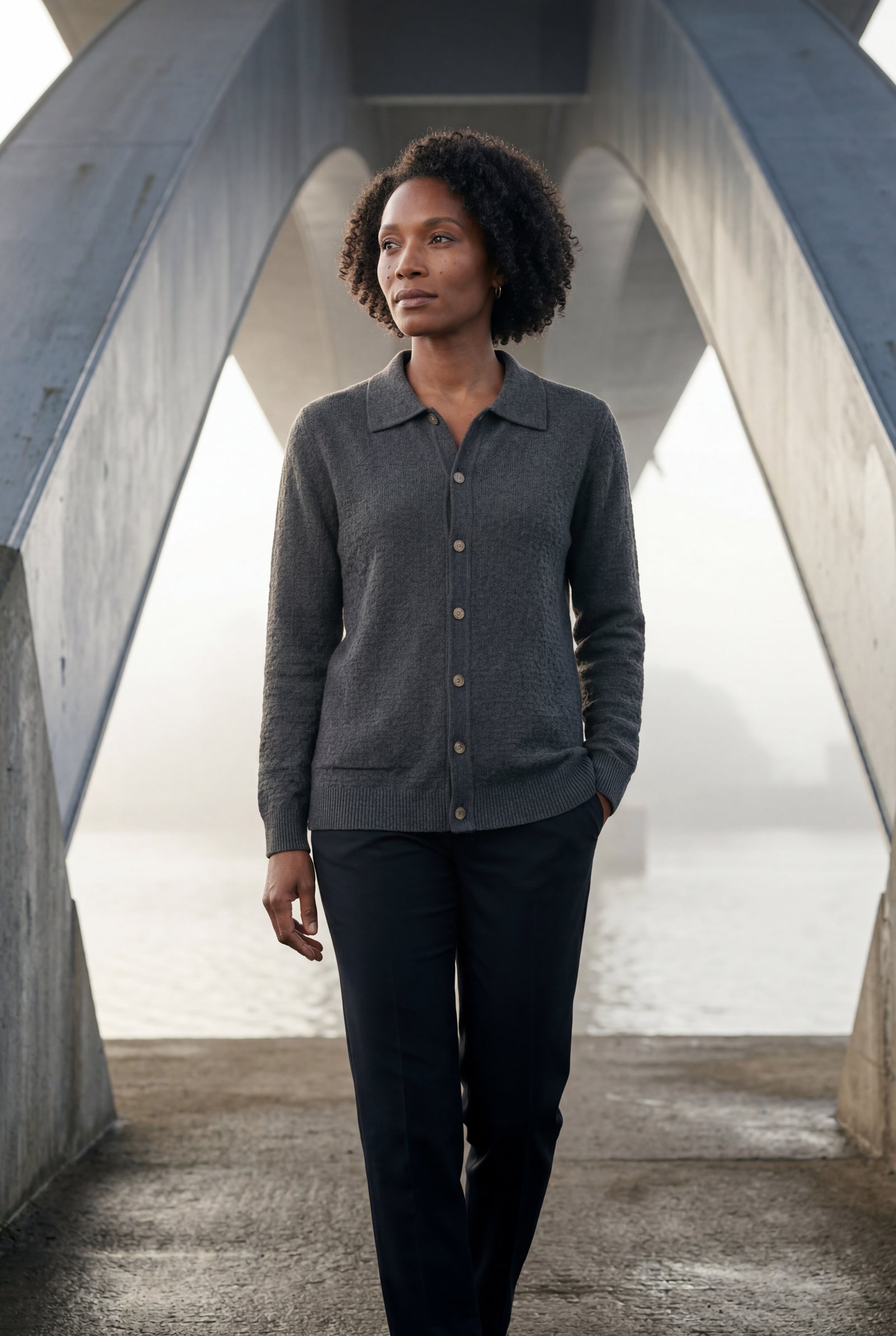 Dark Gray Button-up Collared Cardigan with Patch Pockets - Wool cardigan - Photo 8