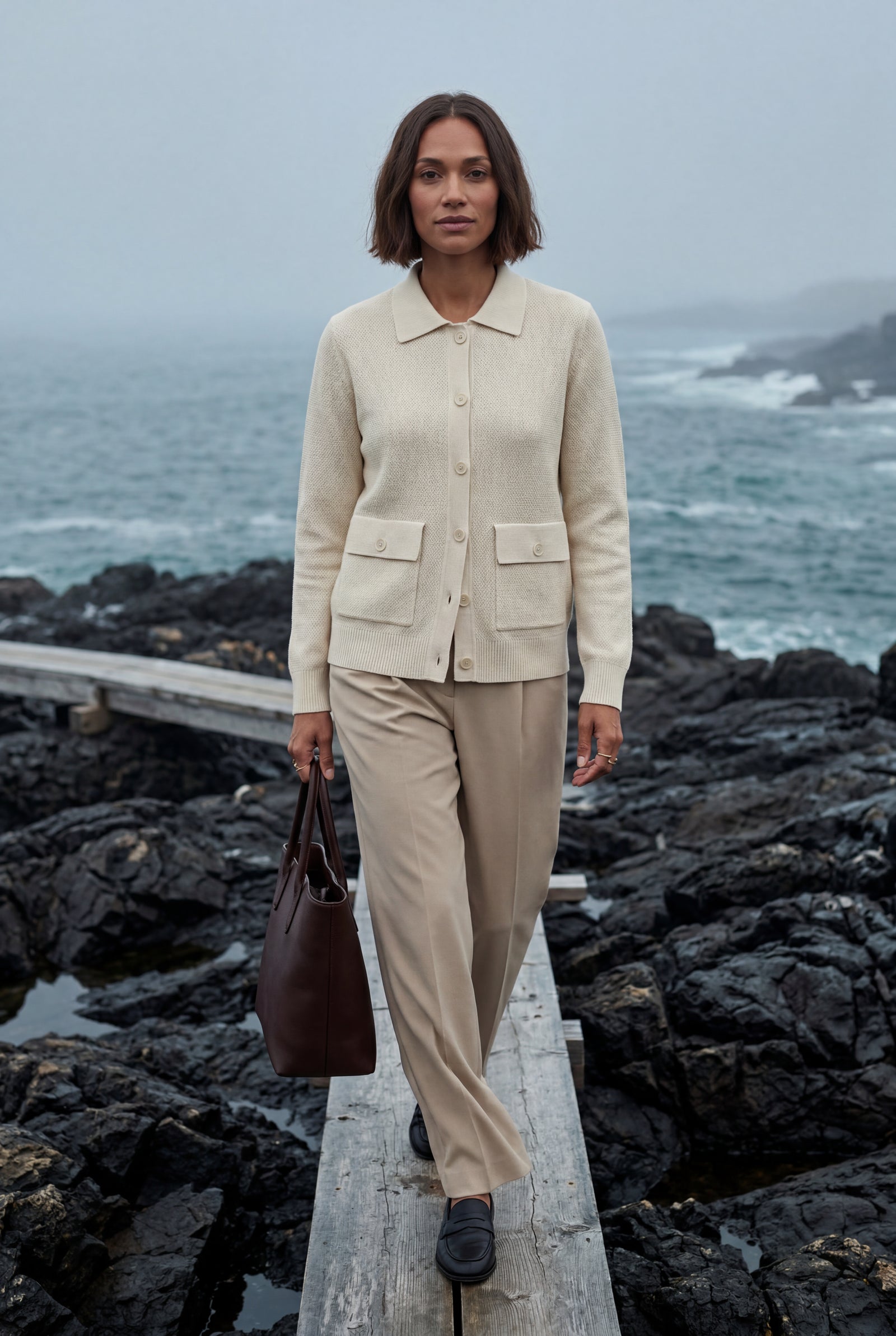 Cream Button-up Collared Cardigan with Patch Pockets - Wool cardigan - Photo 9