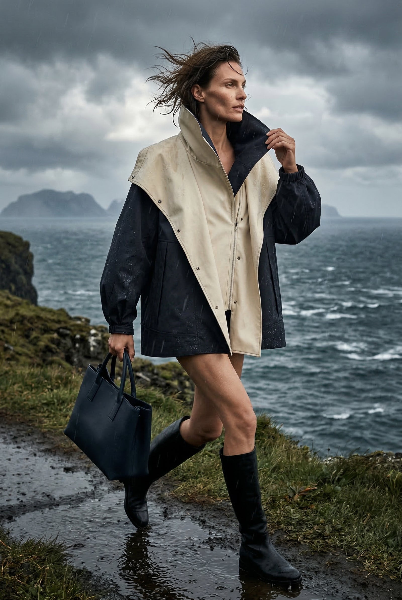 Black Colorblock Oversized Windbreaker Jacket with Statement Collar - Photo 4