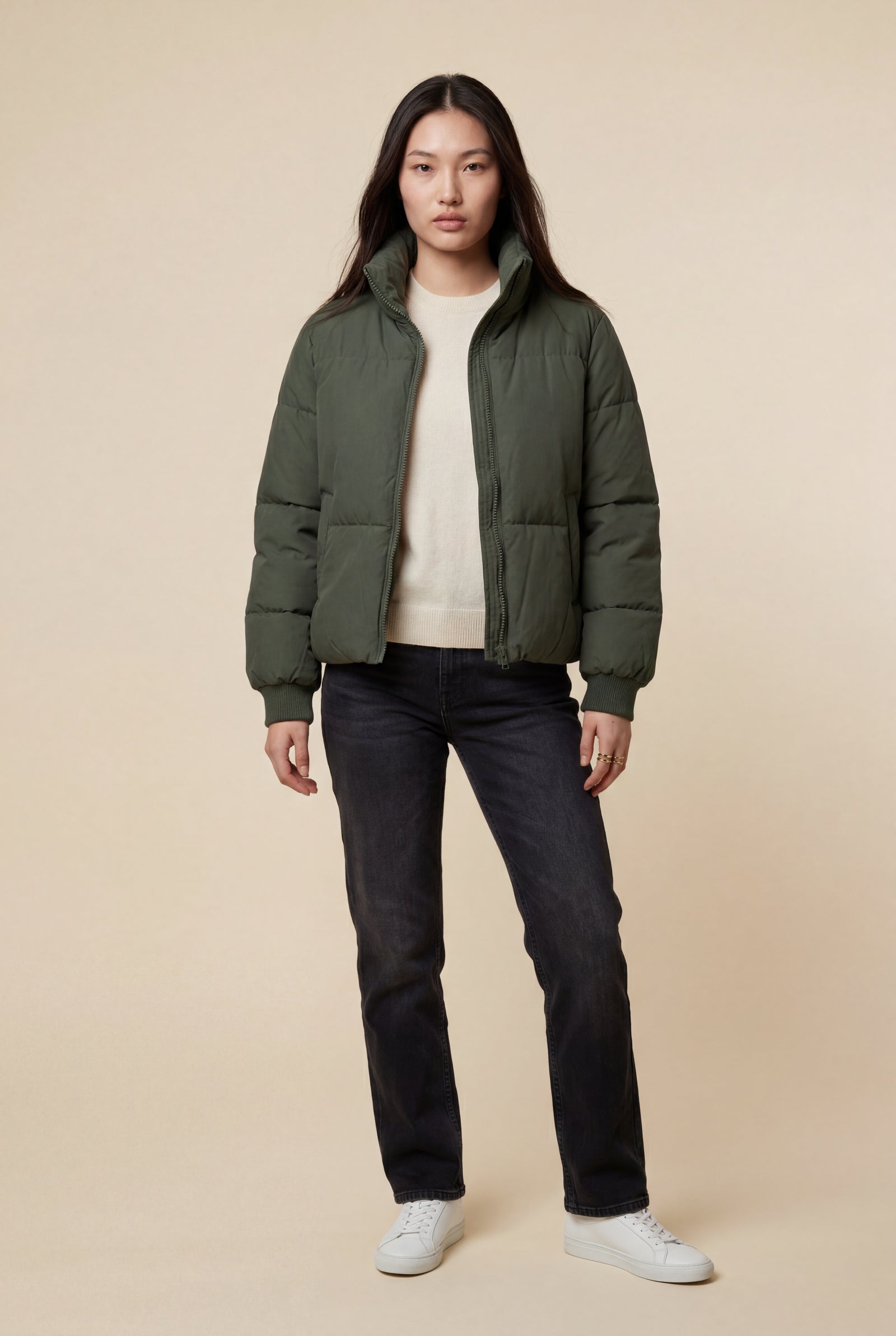 Olive Cropped High-collar Quilted Puffer Jacket - Puffer jackets - Photo 1