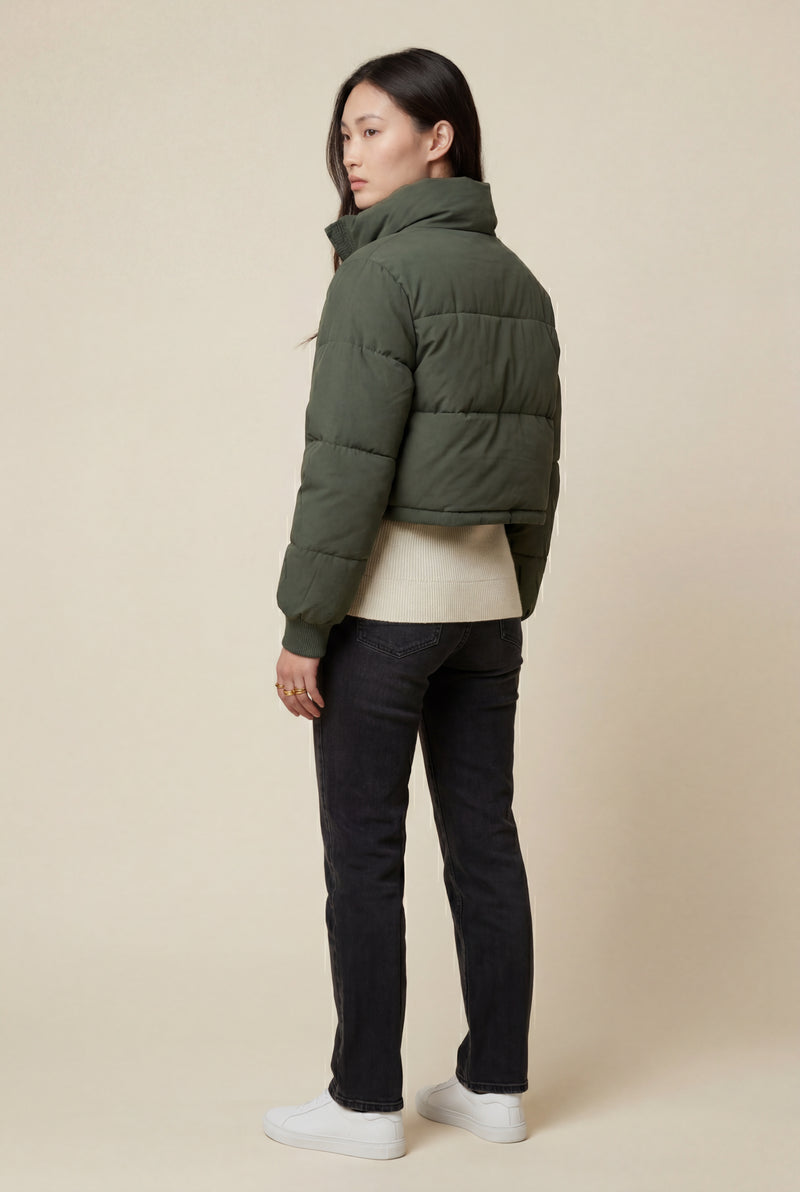 Olive Cropped High-collar Quilted Puffer Jacket - Puffer jackets - Photo 2