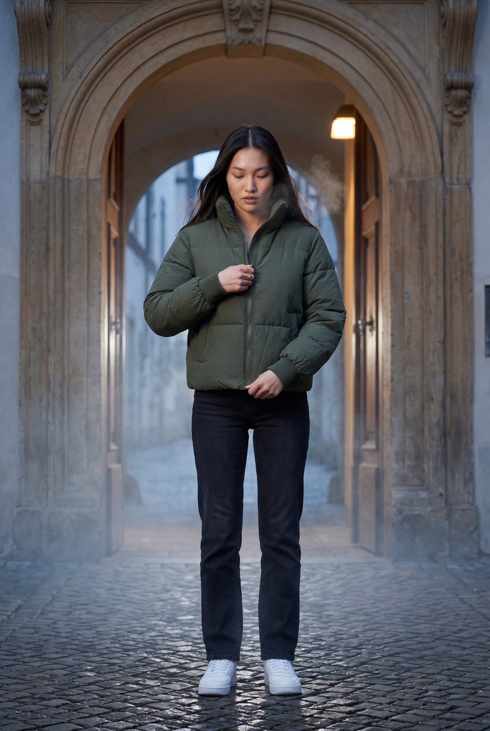 Olive Cropped High-collar Quilted Puffer Jacket - Puffer jackets - Photo 9