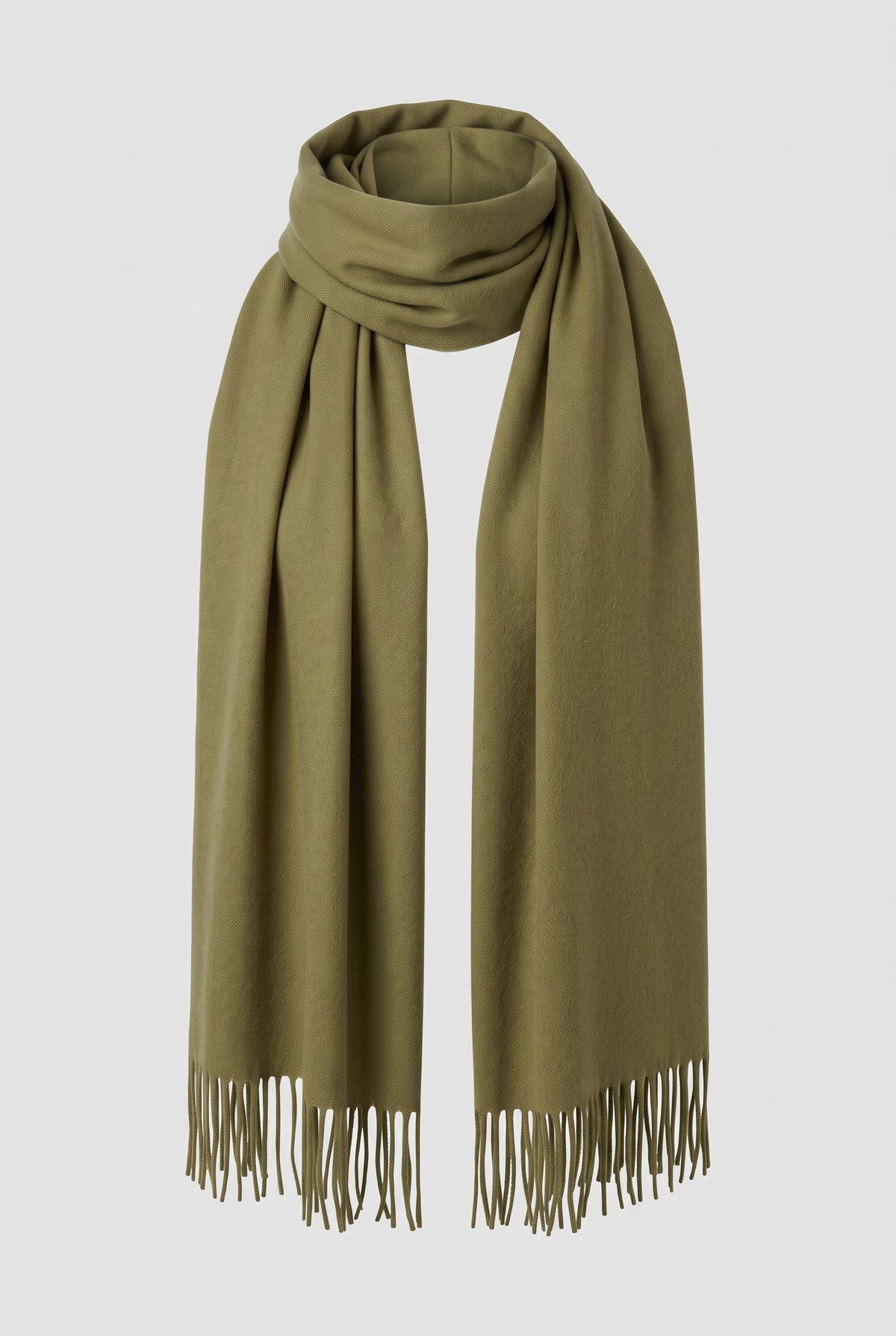 Cashmere Fringed Scarf in Olive Green — studio front