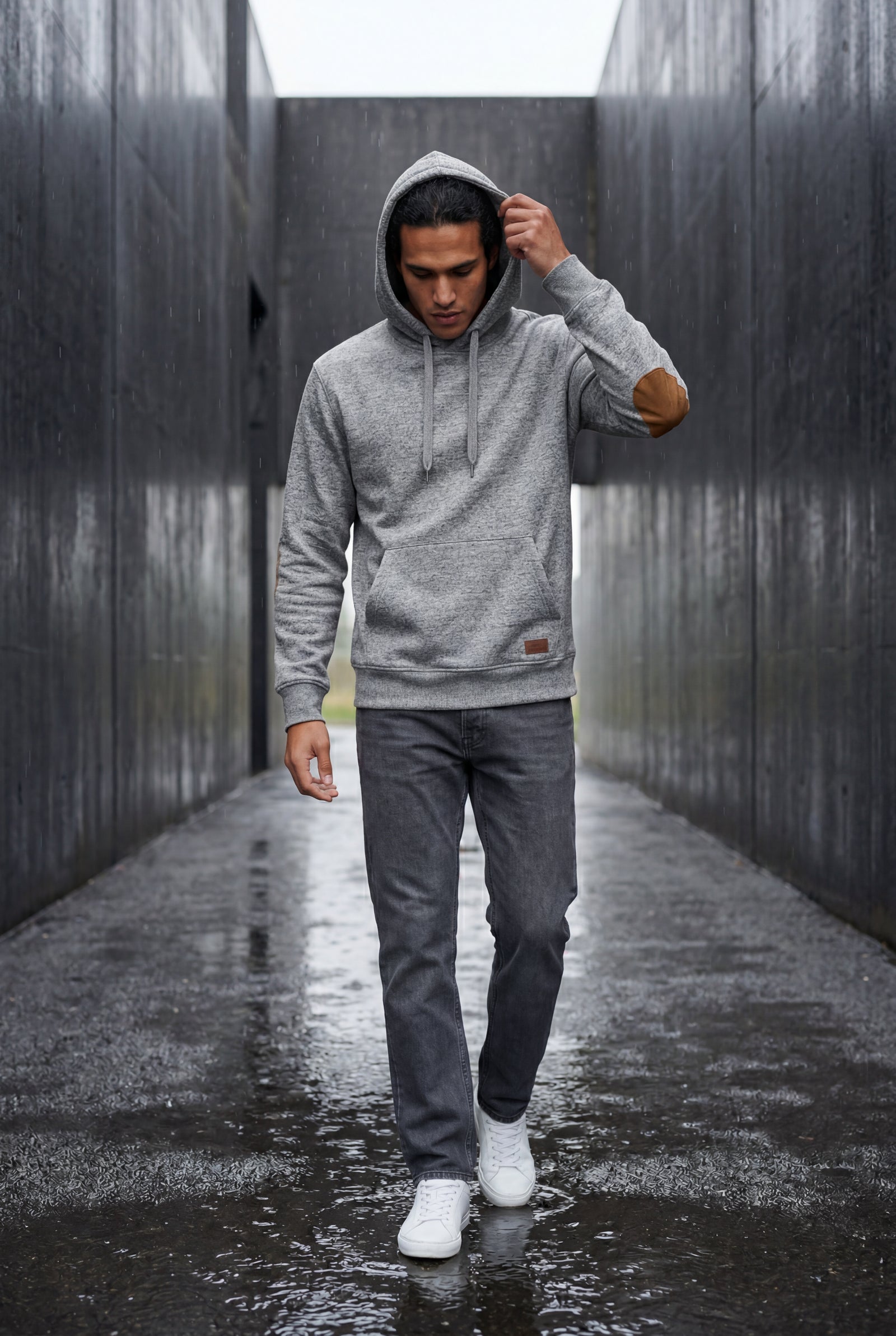 Gray Contrast Elbow Patch Pullover Hoodie with Drawstring Hood - Men's hoodie - Photo 14