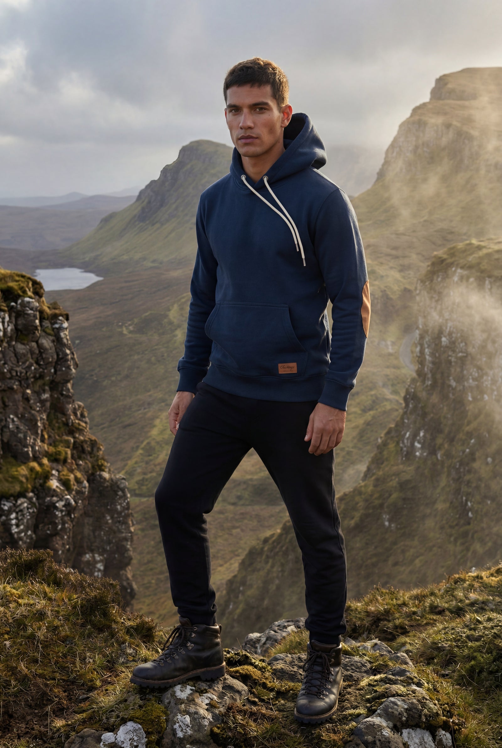 Navy Blue Contrast Elbow Patch Pullover Hoodie with Drawstring Hood - Men's hoodie - Photo 15