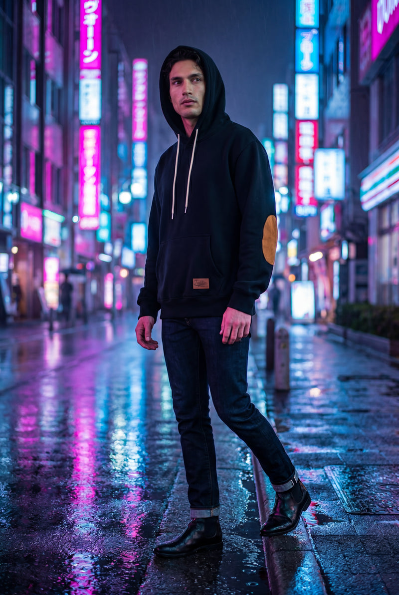 Black Contrast Elbow Patch Pullover Hoodie with Drawstring Hood - Men's hoodie - Photo 2