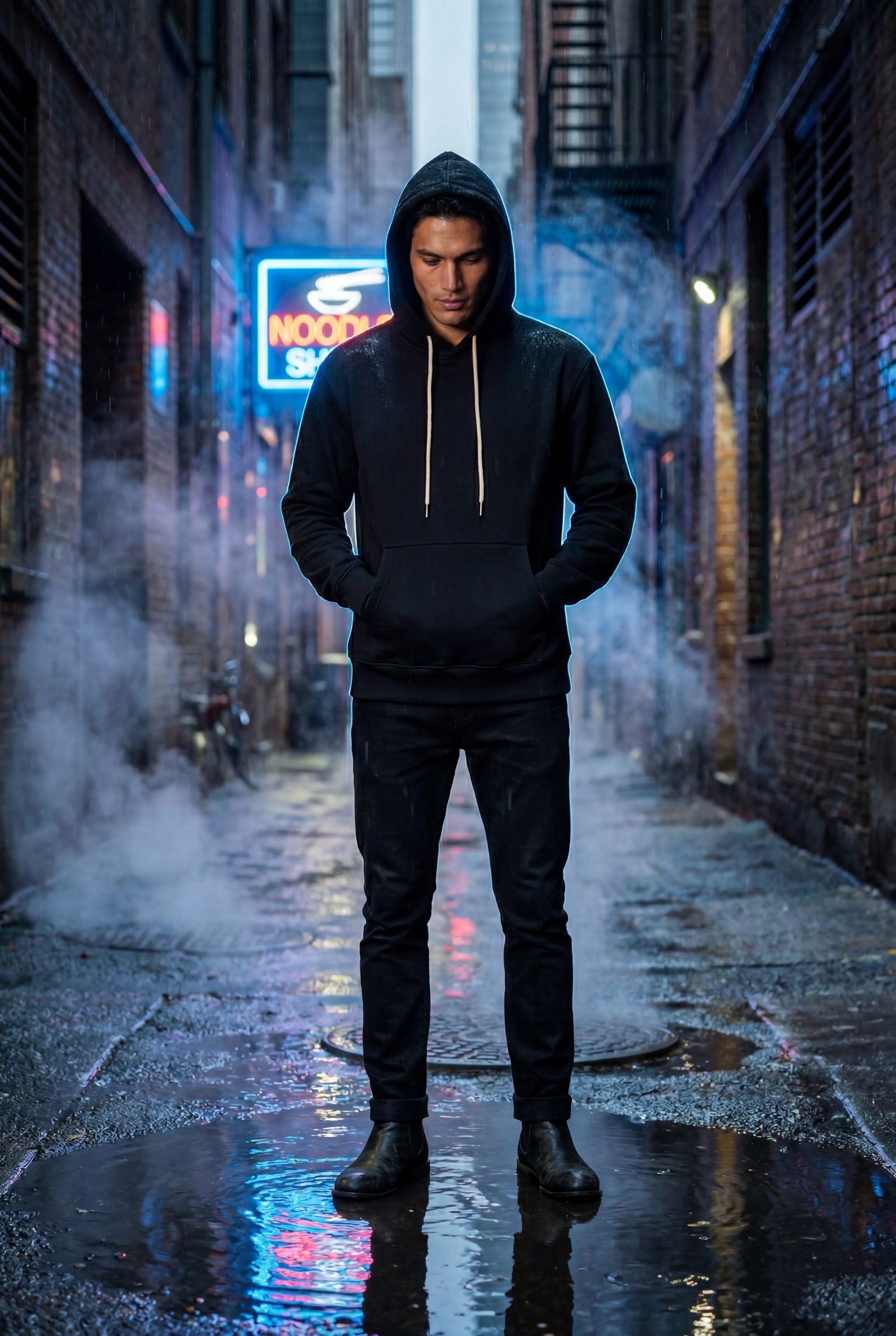 Black Contrast Elbow Patch Pullover Hoodie with Drawstring Hood - Men's hoodie - Photo 6