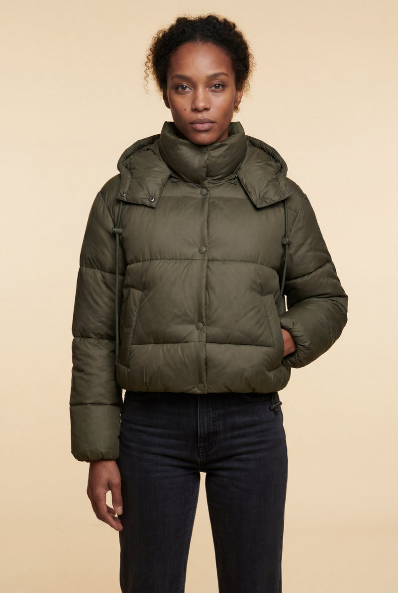 Olive Green Cropped Hooded Puffer Jacket with Boxy Silhouette - Puffer jackets - Photo 1