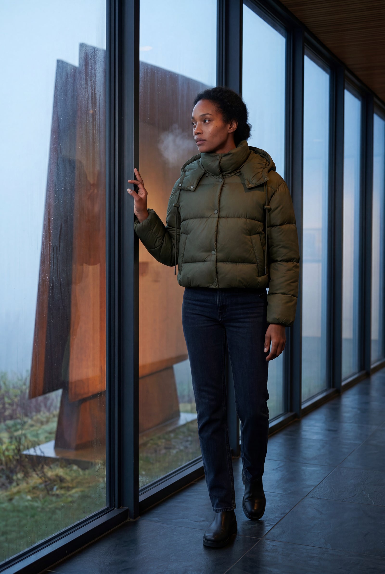 Olive Green Cropped Hooded Puffer Jacket with Boxy Silhouette - Puffer jackets - Photo 8