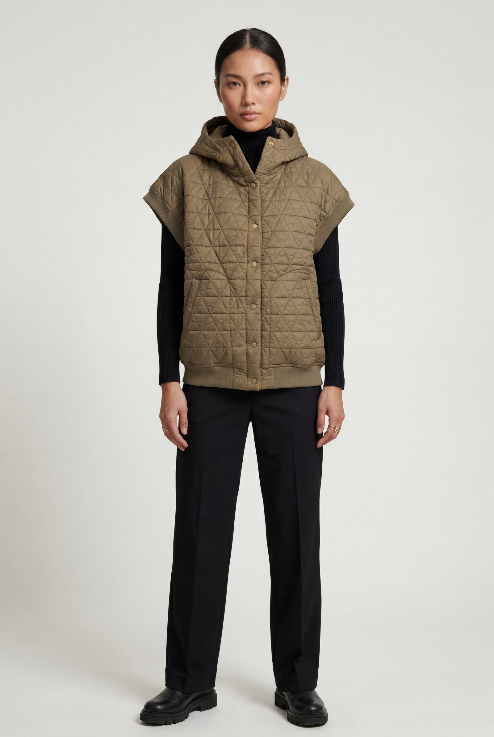 Olive Green Diamond Quilted Hooded Puffer Vest with Snap Buttons - Puffer vests - Photo 5