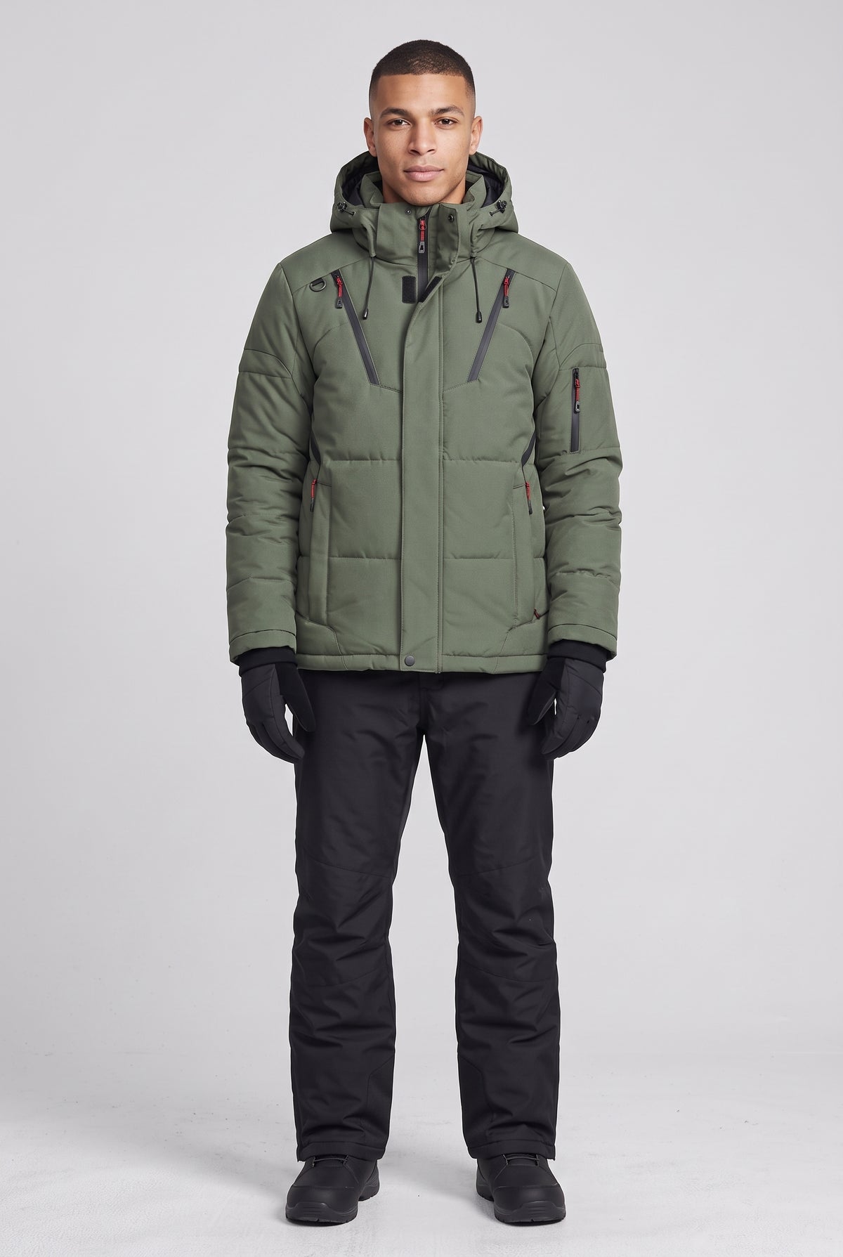 Hooded Ski Jacket and Trousers Set in Olive Green — studio front