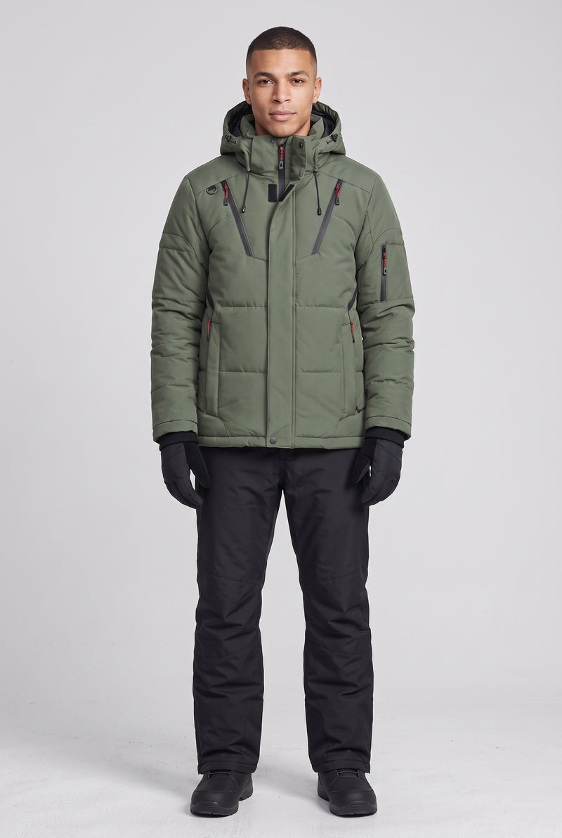 Hooded Ski Jacket and Trousers Set in Olive Green — studio front
