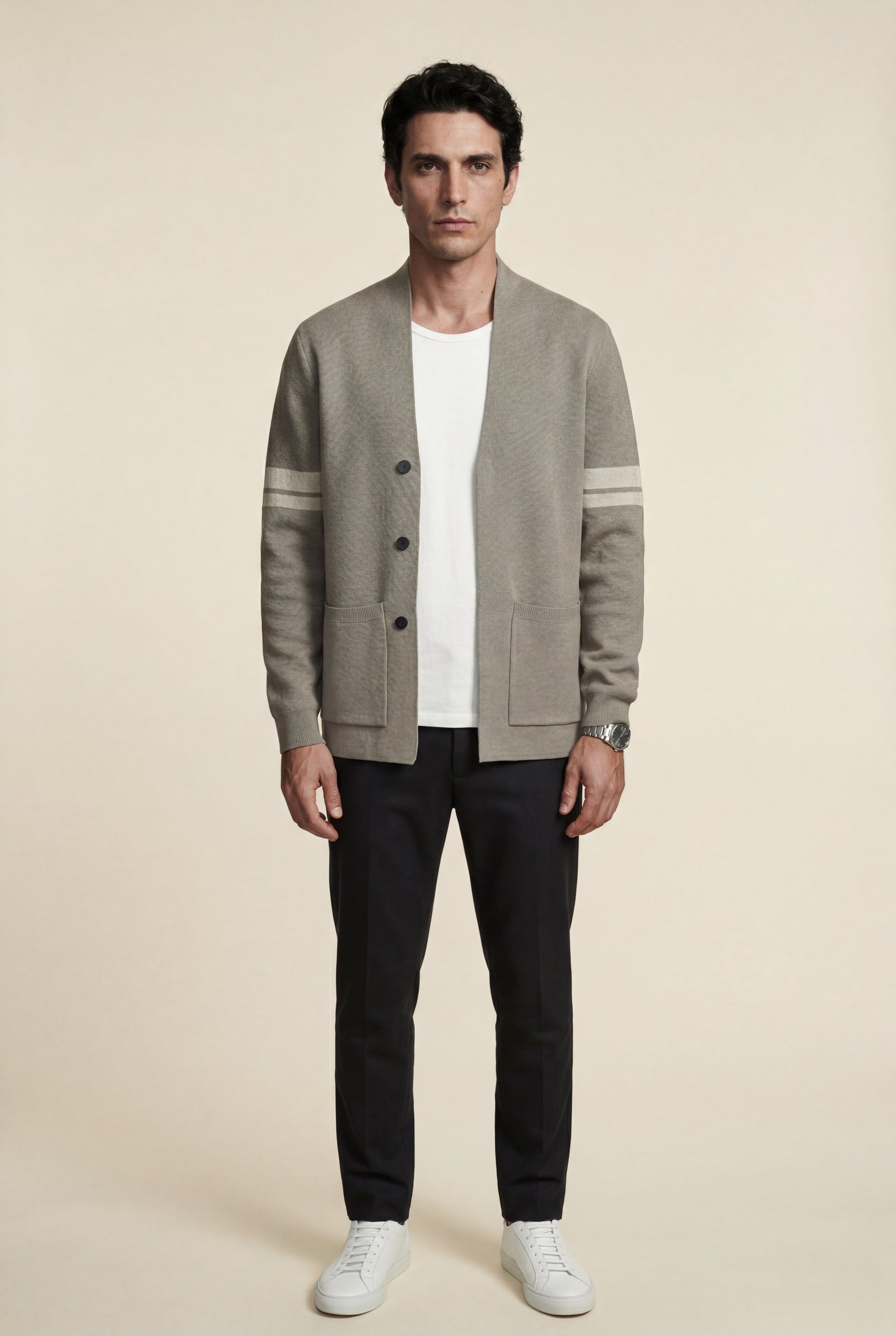 Olive Grey Contrast Stripe Sleeve Button-front Cardigan Sweater - Men's cardigan - Photo 7