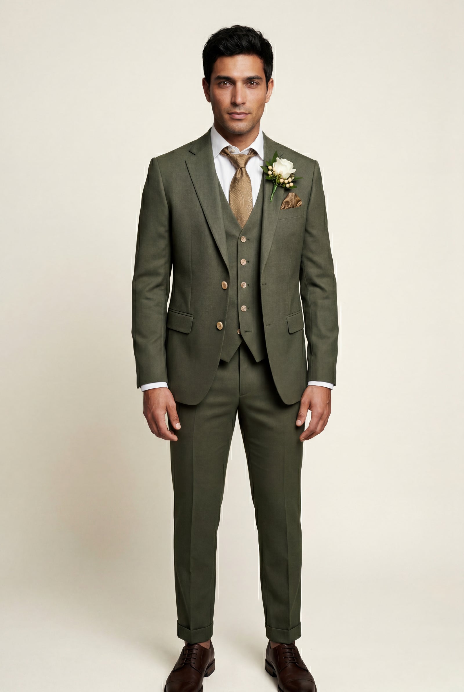 Three-Piece Formal Suit - Olive - Photo 1