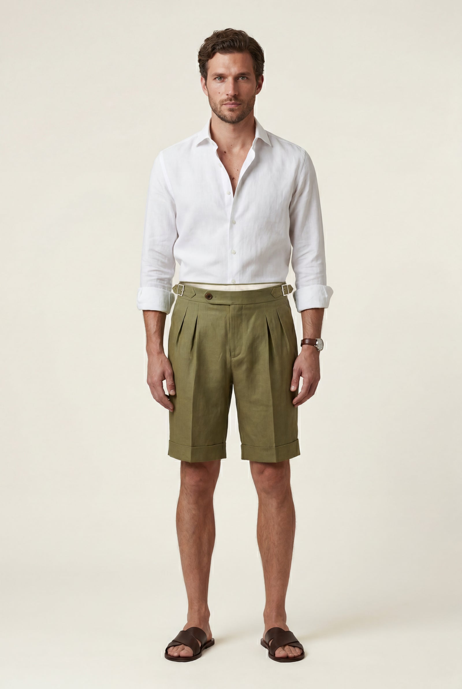 Olive Pleated Tailored Bermuda Shorts with Side Adjusters - Casual shorts - Photo 1