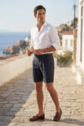 Navy Blue Pleated Tailored Bermuda Shorts with Side Adjusters - Casual shorts - Photo 8