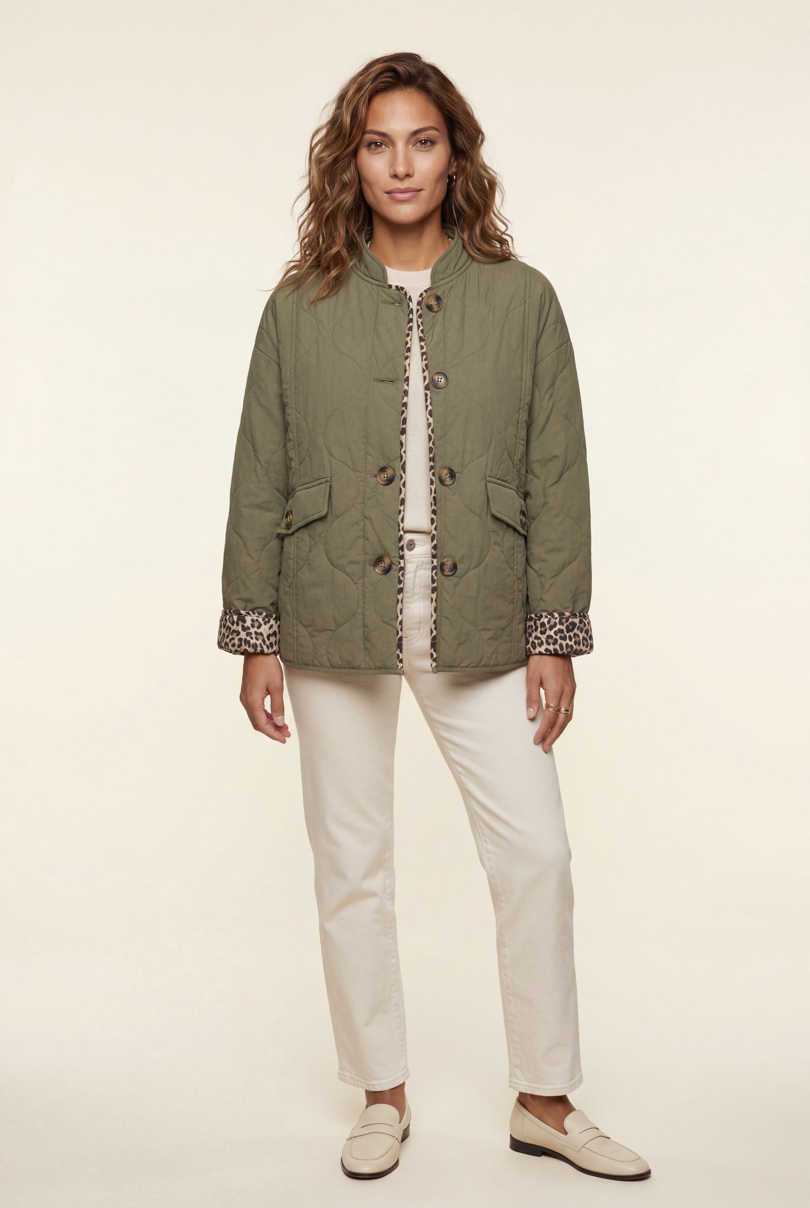 Olive Quilted Button-front Jacket with Leopard Print Cuffs - Casual jackets - Photo 3