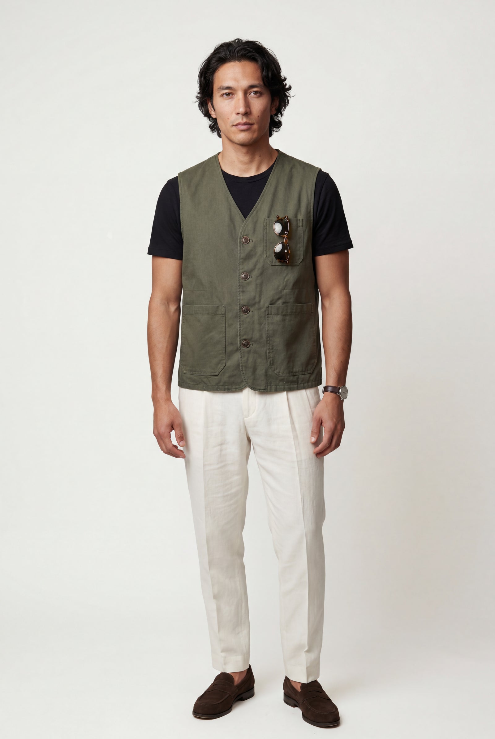 Olive Relaxed Fit Utility Vest with Functional Pockets - Cotton vests - Photo 7