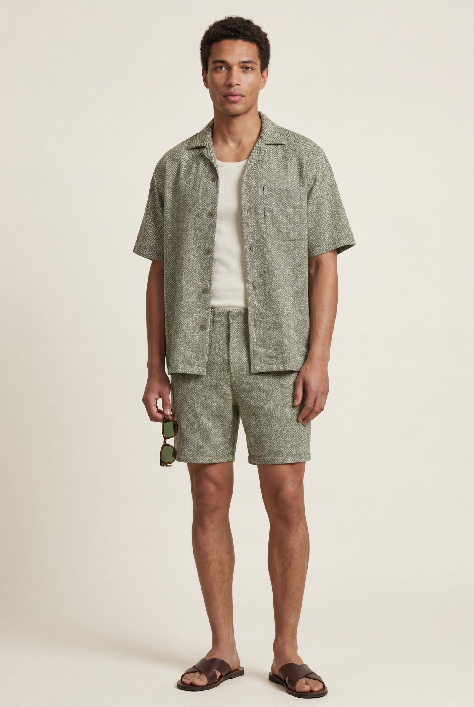 Olive Sage Green Micro Print Relaxed Fit Shirt and Shorts Set - Summer set - Photo 1