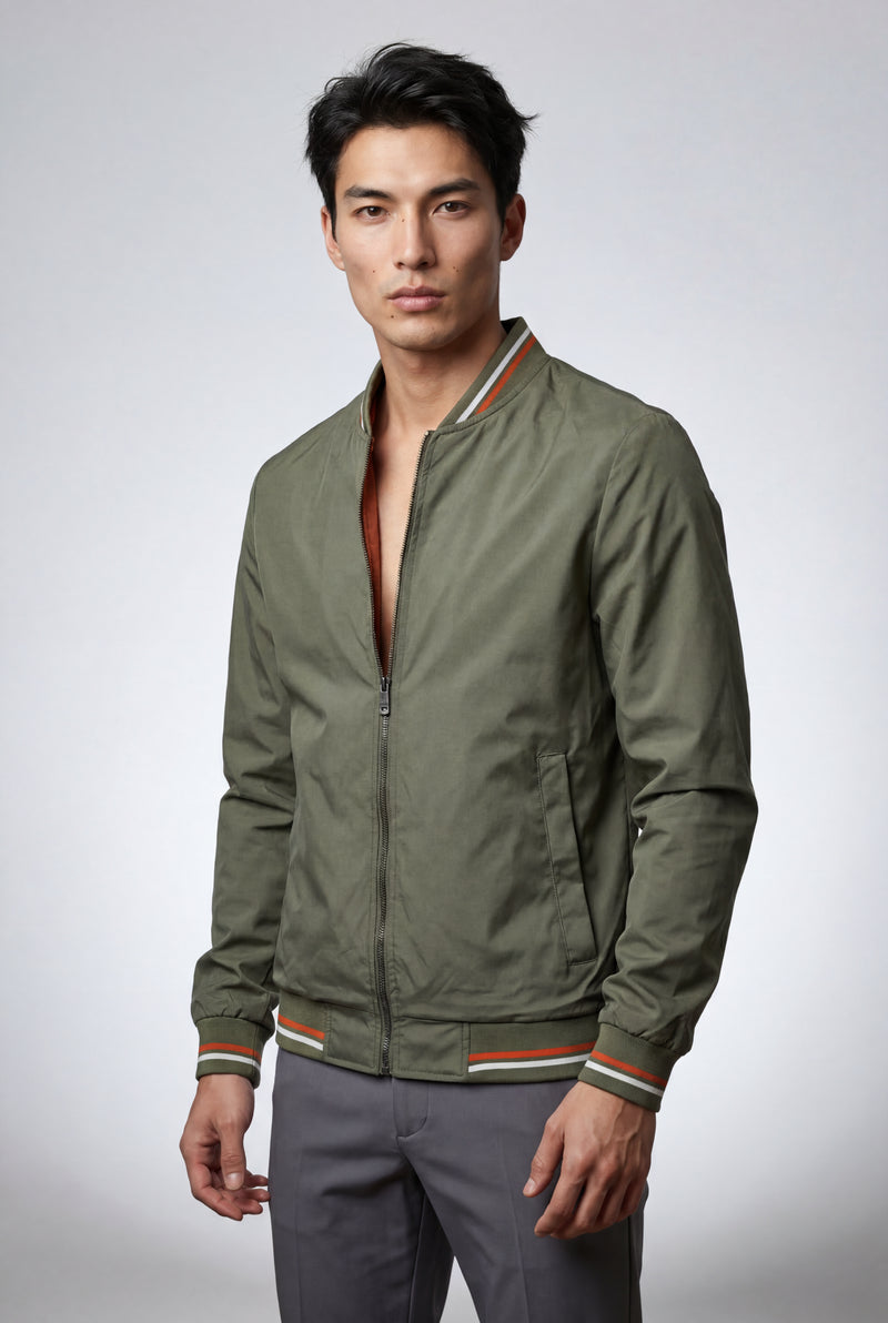 Olive Striped Ribbed Trim Slim Fit Bomber Jacket - Photo 2