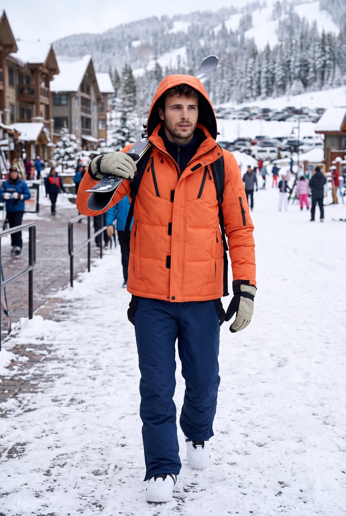 Insulated Snow Suit with Hood in Orange and Navy Blue — lifestyle