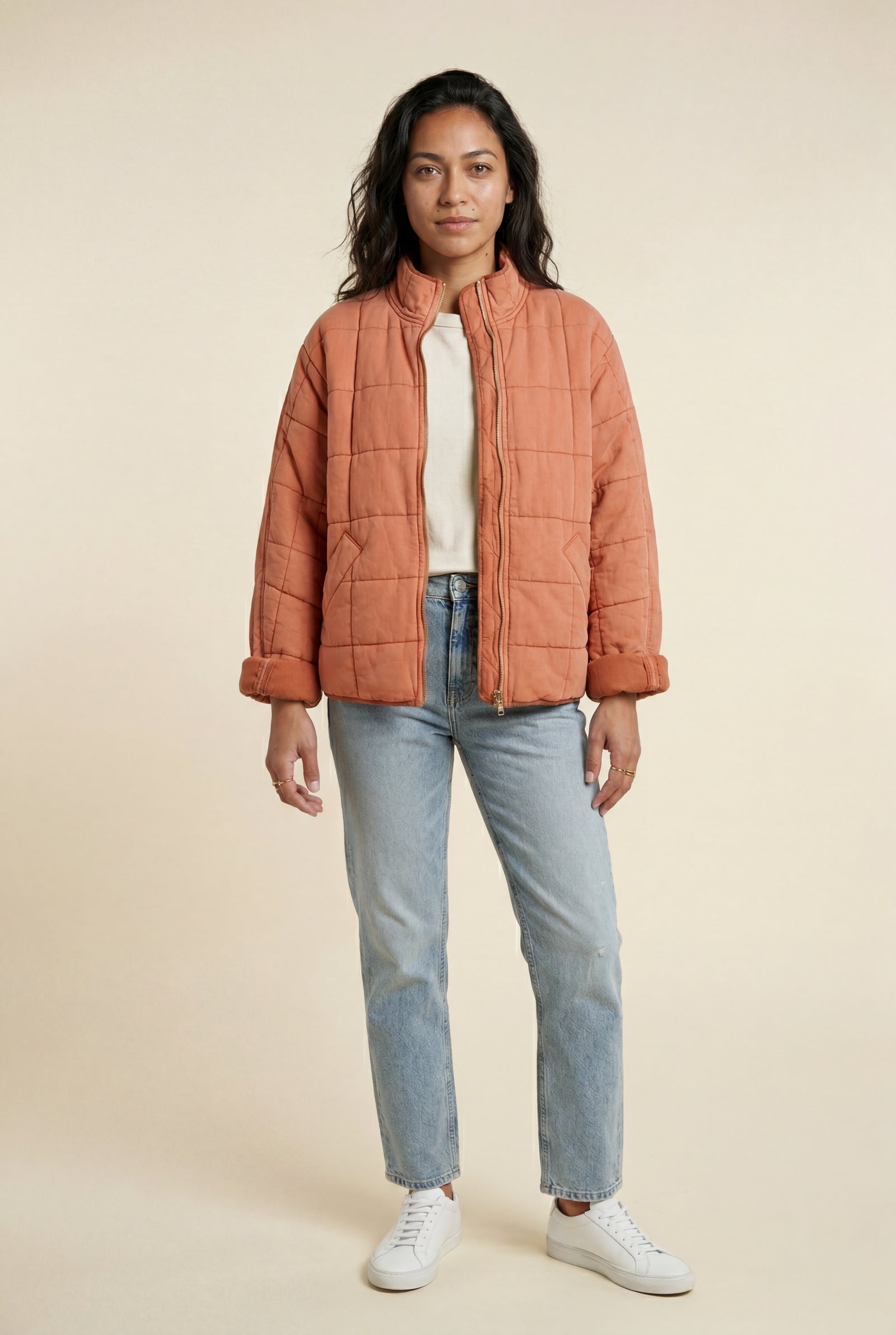 Orange Boxy Quilted Zip-front Winter Coat with Stand Collar - Photo 10