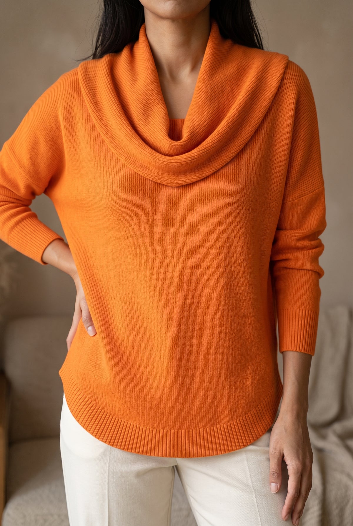 Cowl Neck Knit Sweater in Orange — studio front