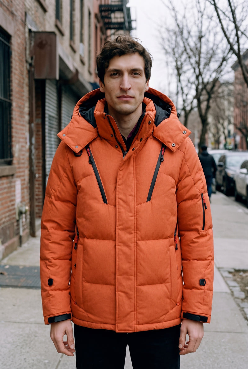 Insulated Hooded Puffer Coat in Orange — lifestyle