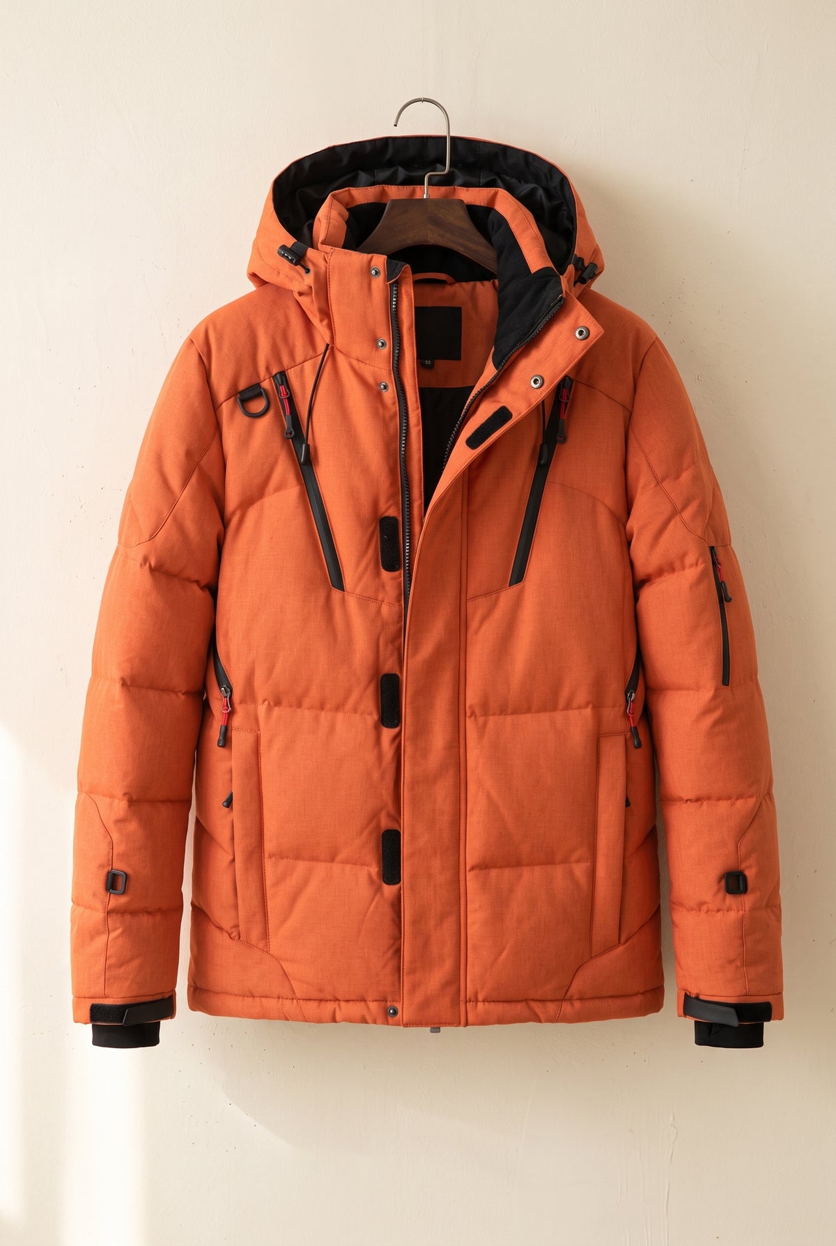 Insulated Hooded Puffer Coat in Orange — studio front