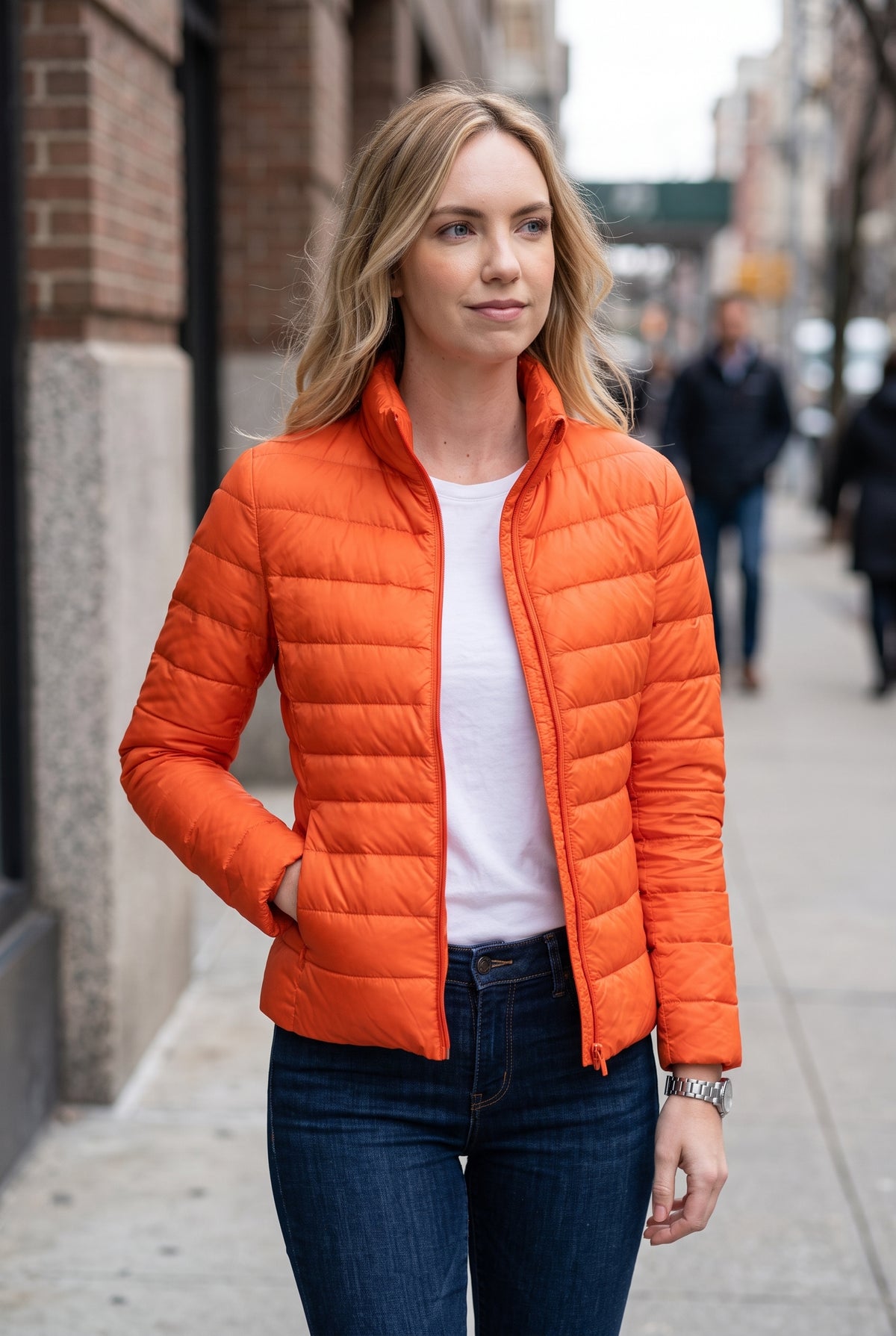 Lightweight Quilted Puffer Jacket in Orange — lifestyle