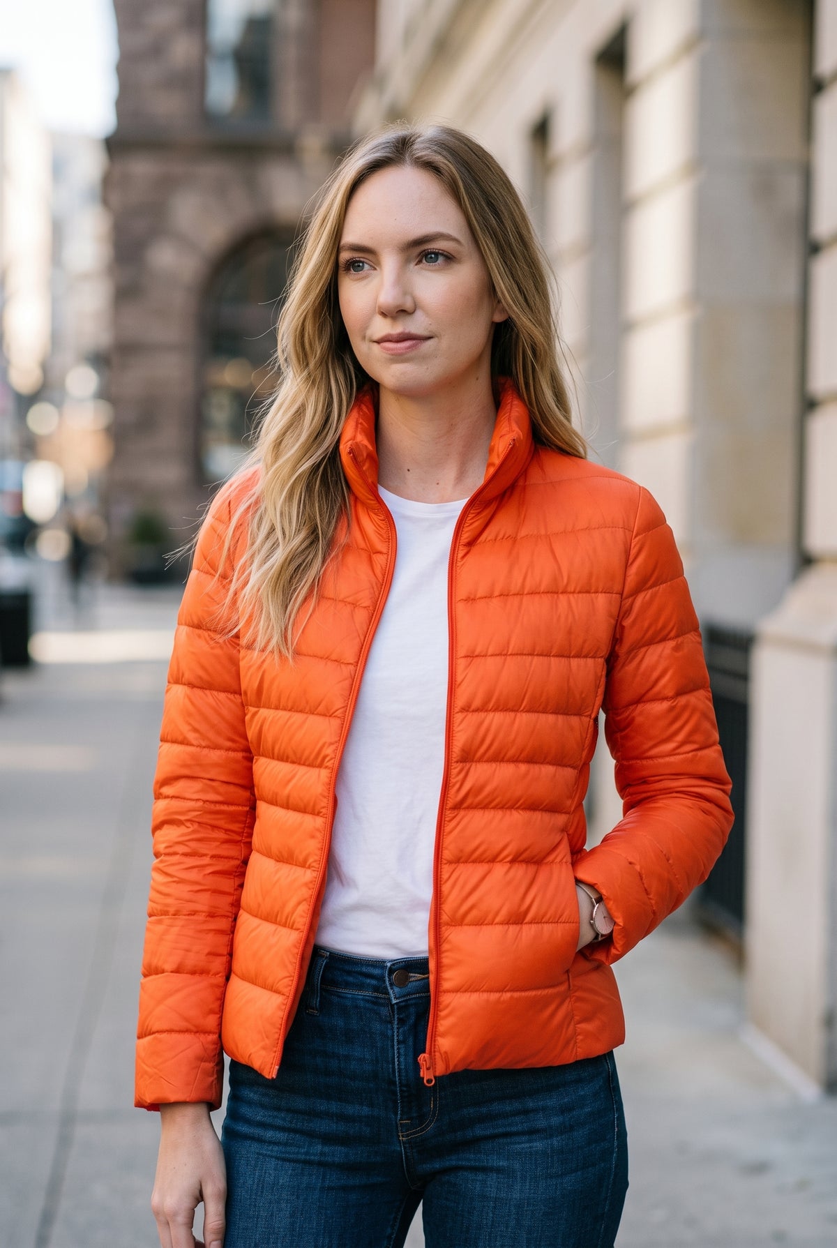 Lightweight Quilted Puffer Jacket in Orange — studio front