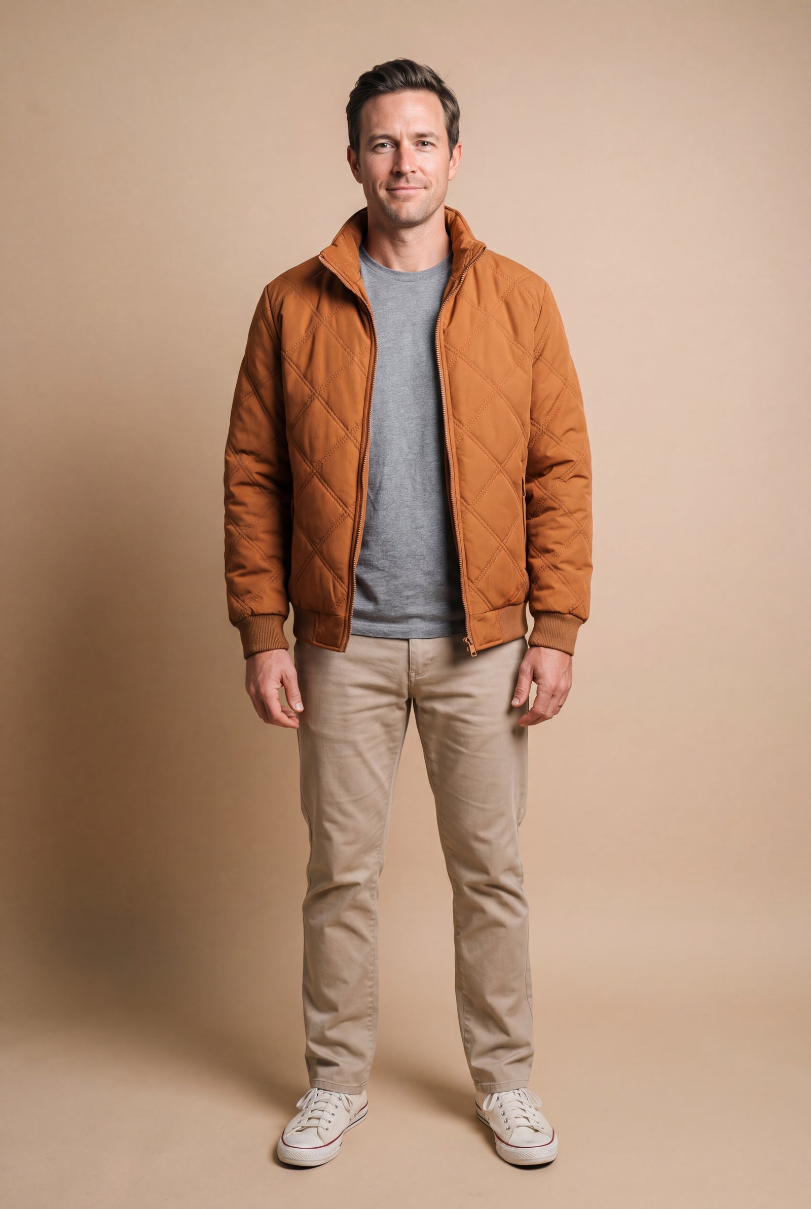 Men's Jacket Quilted Fleece-Lined in Orange — studio front