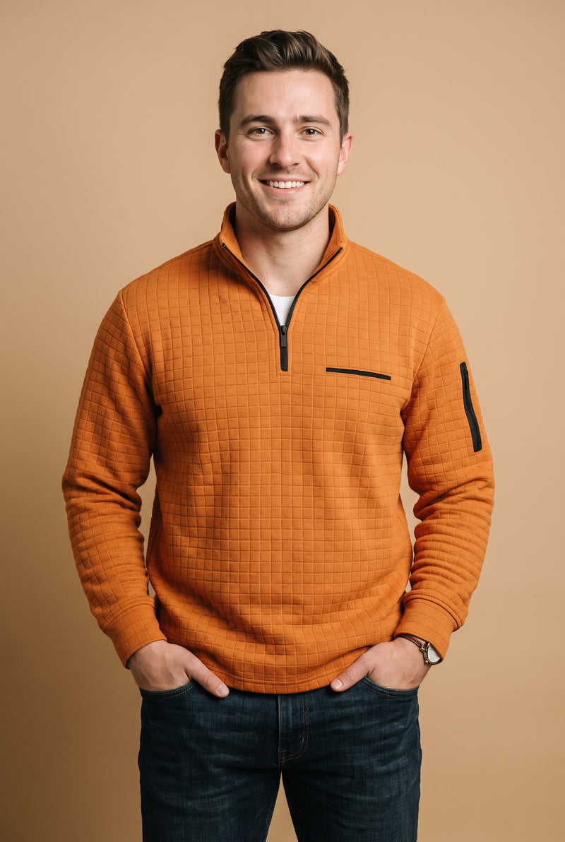 Men's Sweater Long Sleeve Waffle in Orange — studio front