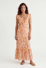 Orange Peachy Floral Ruffle Cutout Maxi Dress - Photo 1