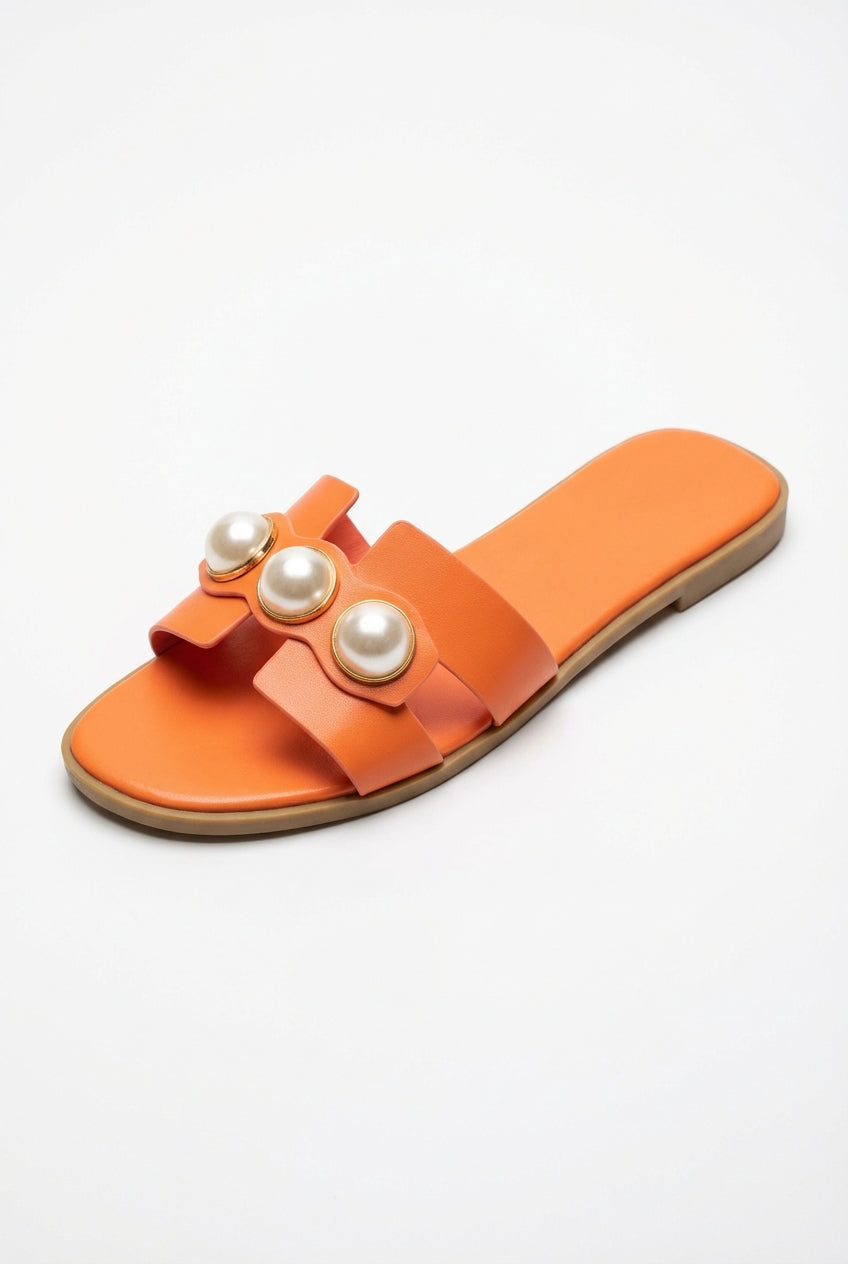 Orange Pearl Embellished Wide Strap Slide Sandals - Photo 6