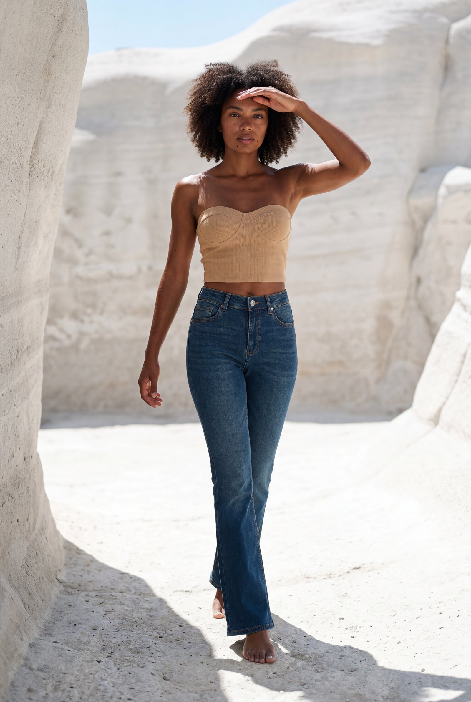 Beige Ribbed Bustier Strapless Crop Top with Cup Seaming - Strapless crop tops - Photo 6